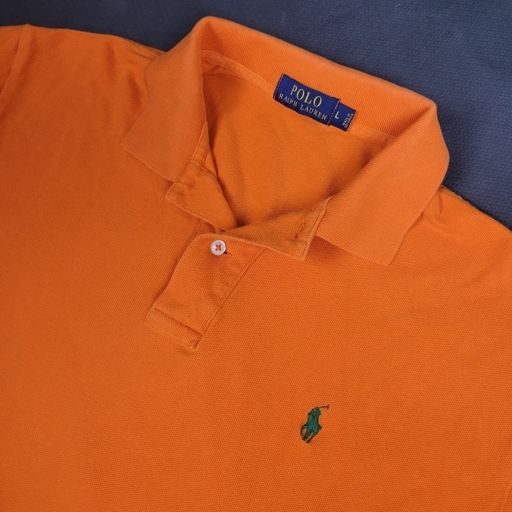 Polo Ralph Lauren Men's L 100% Cotton Solid Orange 2 Button Short Sleeve Polo